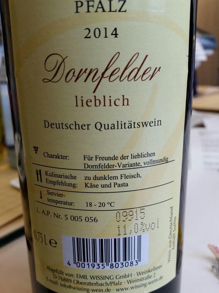 Warnung vor 2014 Pfalz Dornfelder Qualitätswein Wissing