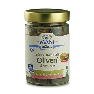Grüne&Kalamata Oliven al naturale, Chili&Kräuter