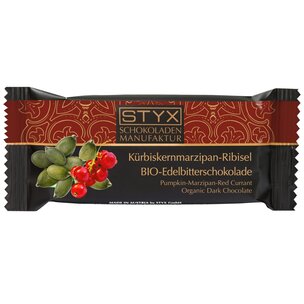 BIO-Edelbitterschokolade gefüllt mit Kürbiskernmarzipan-Ribisel-Ganache 70g