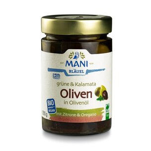 MANI Grüne & Kalamata Oliven in Olivenöl, bio, NL