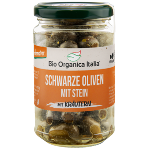 Bio Organica Italia schwarze Oliven mit Stein mit Kräutern