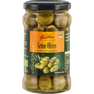 Grüne Oliven mit Stein, in Essig-Salzlake