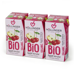Bio Apfel-Kirsch-Direktsaft 3*200ml naturtrüb mit stillem Wasser. 60% Fruchtgeh.