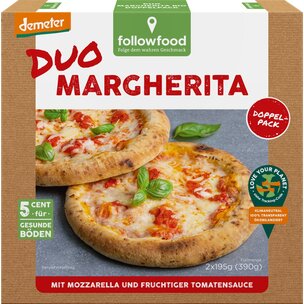 Pizza Duo Margherita Demeter mit Tomatensauce und Mozzarella, tiefgekühlt.