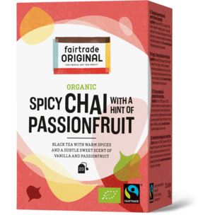 Biologischer Spicy Chai with Passionfruit Tea. Fairtrade. 20 Teebeutel.