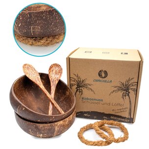 Kokosnussschüssel 2er Set inkl. 2 Löffel und 2 Schüsselhalter aus Kokosnussfaser