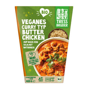 veganes Bio Curry Typ Butter Chicken auf Basis von Soja mit Naturreis