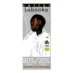 Labooko - 80%/20% Kakao-Milch-Tafel superdunkel ohne Zuckerzugabe (2x32,5g)